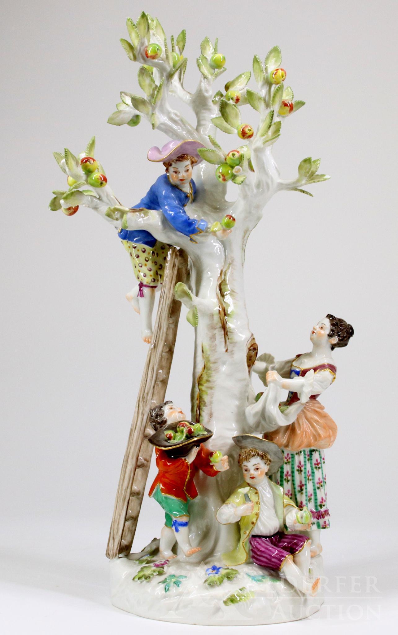 Meissen Porcelain Figural "The Apple Gatherers": Porcelain figurine depicting three children and a woman gathering apples. Blue underglaze crossed swords, marked 1998 and stamped "Germany". 11.5"h x 6"w