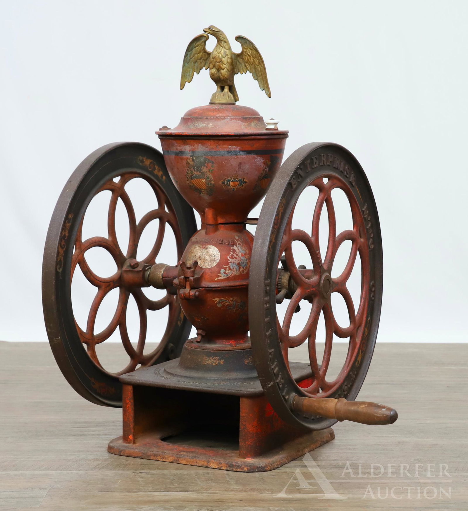 Enterprise Coffee Mill.: Cast iron double wheel coffee mill, patent date July 12, 1898, 30"h x 17"w