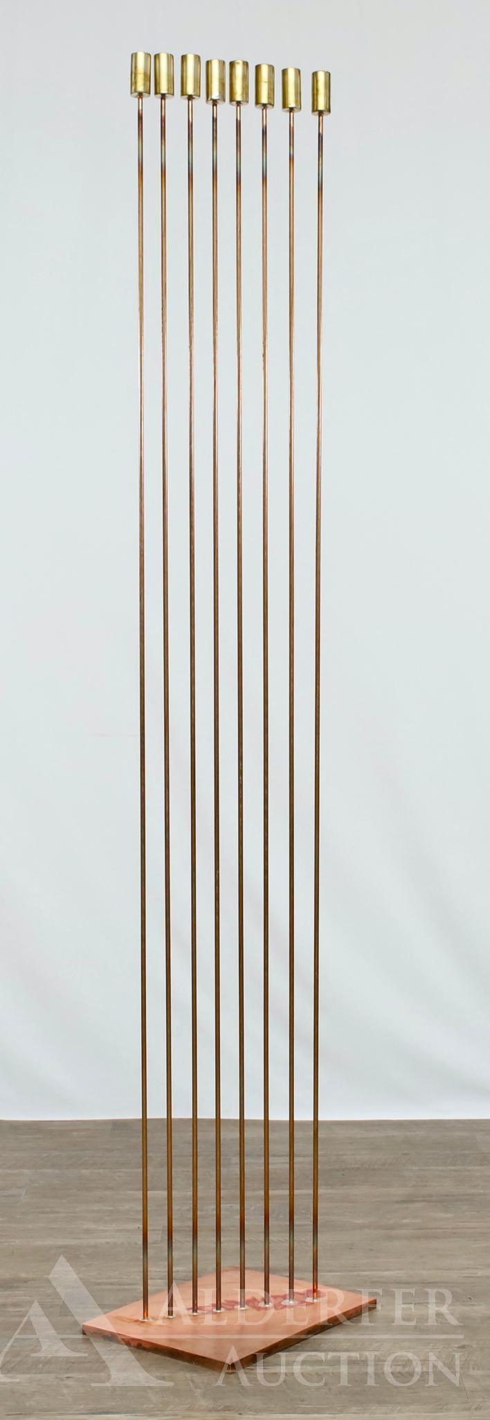 Val Bertoia (Born 1949): Sculpture titled "Sounds Fine with 8 in Line", numbered B-2416 and dated 2021. 8 Brass "cat-tail" tops silvered to beryllium-copper rods and silvered to bronze plate. Includes copy of Title of Authent