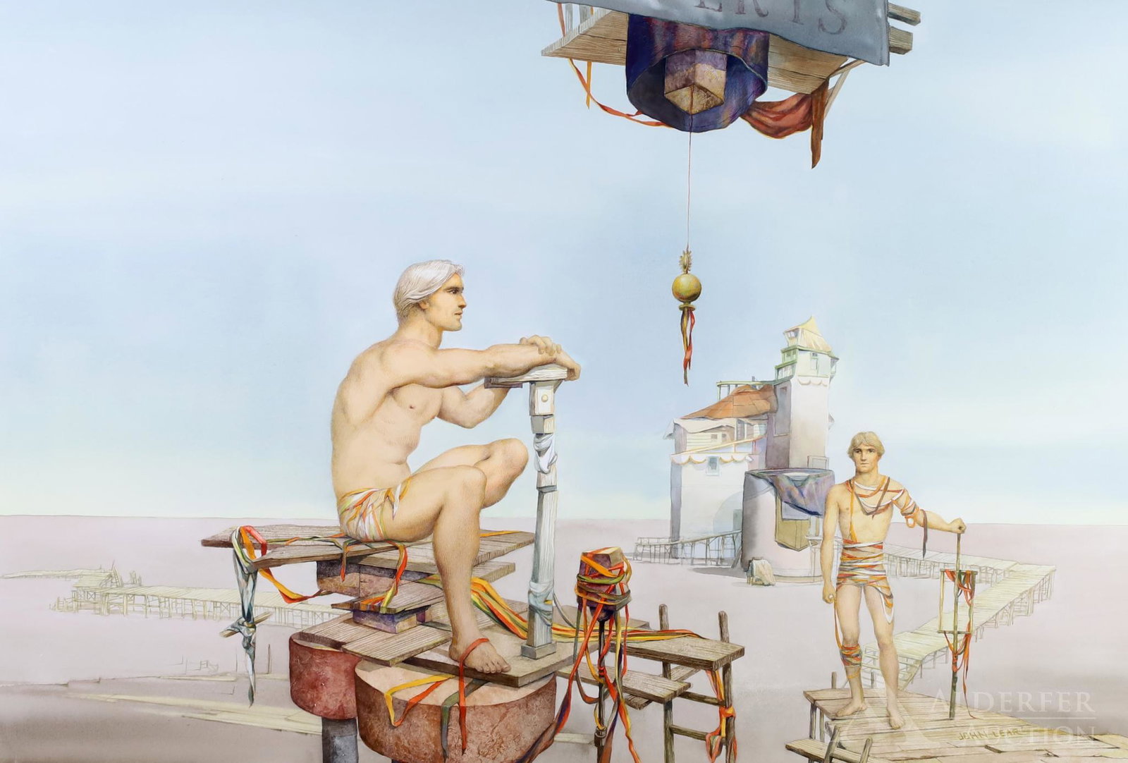 John Brock Lear, Jr. (1910 - 2008): Watercolor, SLR and titled en verso "Bauble". Coastal and architectural landscape with two shirtless males. 19.5"h x 28.5"w sight and 30.5"h x 40"w framed