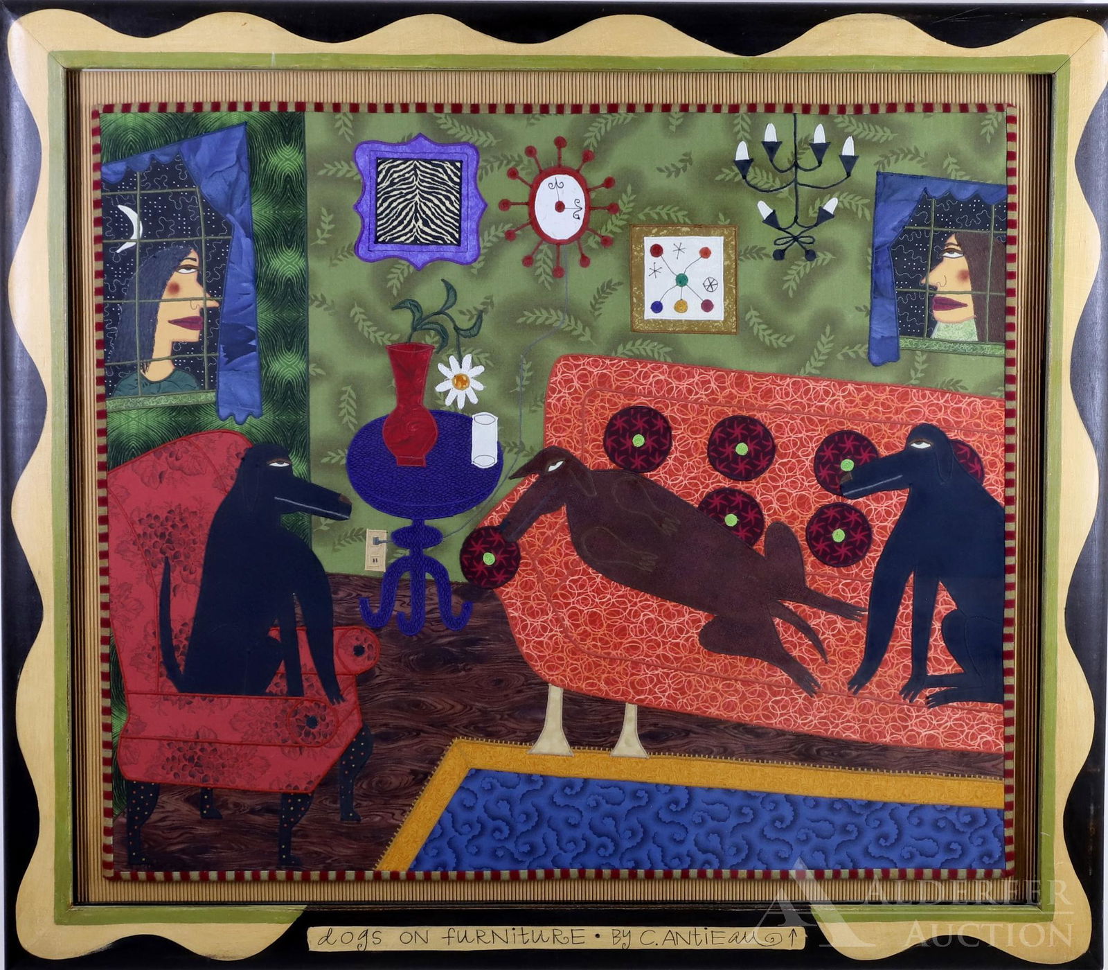 Chris Roberts Antieau (Born 1951): Mixed media, signed on frame, artist label en verso and titled "Dogs on Furniture". Three dogs lounging on couches and humans looking in through windows. 22"h x 26"w and 27.75"w x 31.75"h framed