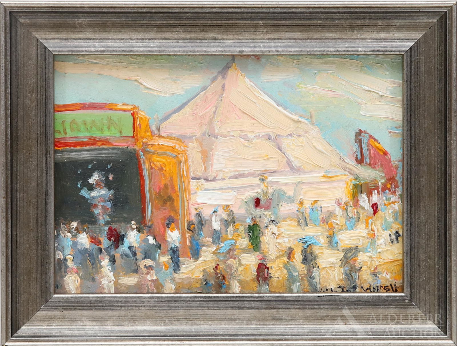 Christopher Willett (born 1959): Oil on board, "Warrington Circus: Bucks County", SLR and en verso. Circus landscape with the bigtop and patrons. 5"h x 7"w and 6.25"h x 8.25"w framed