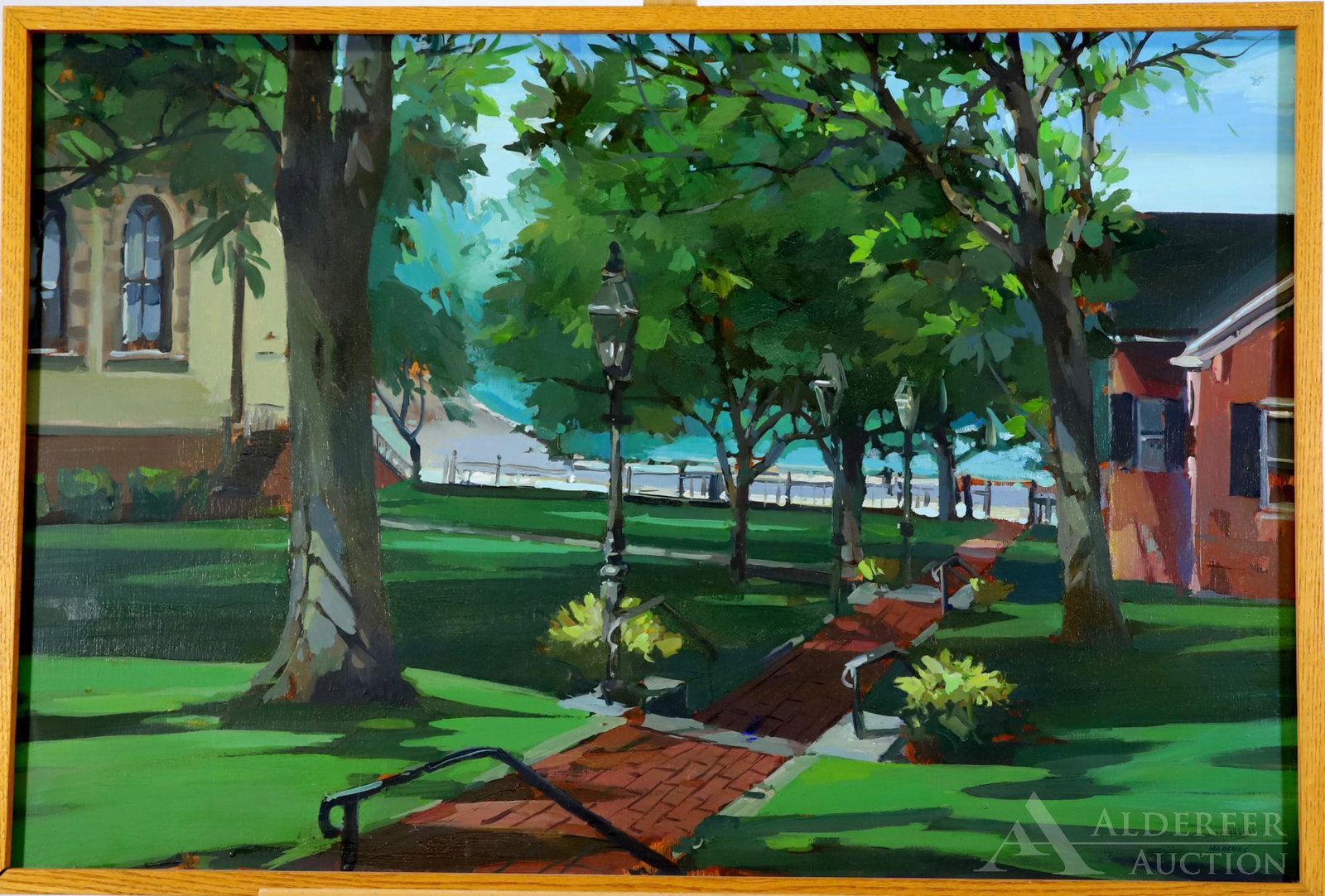 Ben Marcune (20th Century): Oil on panel, SLR. Moravian Church Common, Bethlehem Historic District, Pa. 24"h x 36"w and 25"h x 37"w framed
