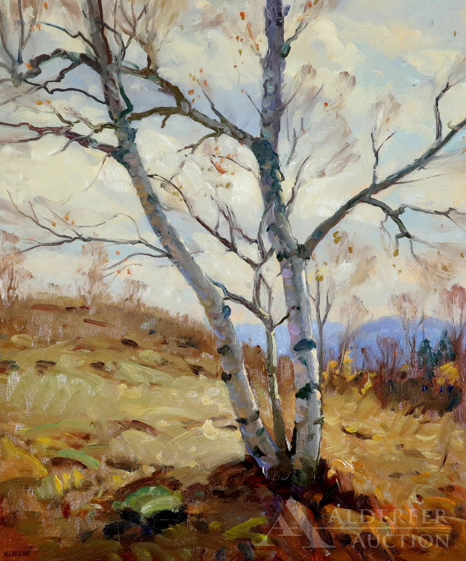 Ben Marcune (20th Century): Oil on masonite, SLL. Autumnal landscape with birch tree. 24"h x 20"w and 25"h x 21"w framed