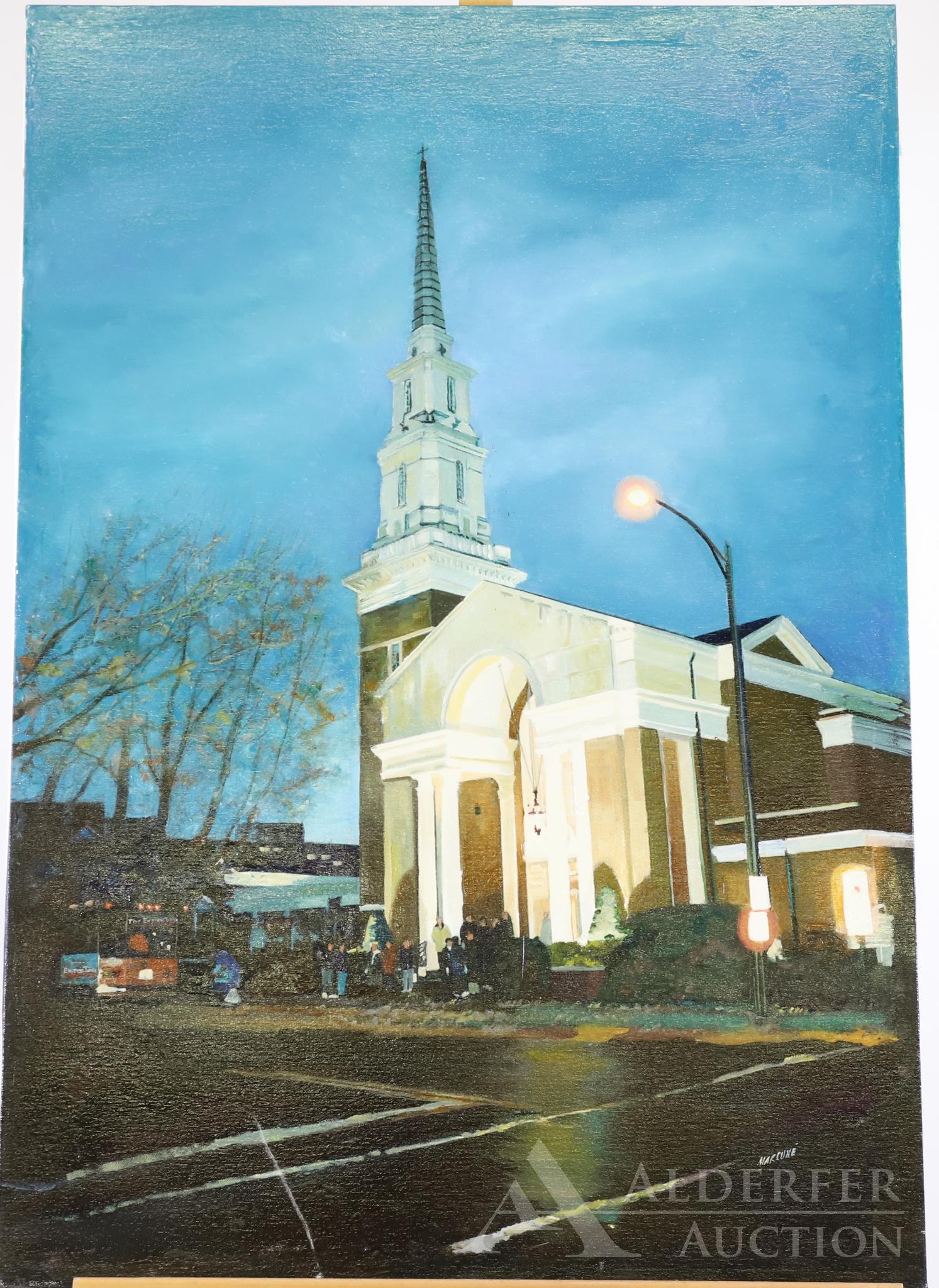 Ben Marcune (20th Century): Oil on canvas, SLR. United Church of Christ, Bethlehem Historic District, PA. 36"h x 25"w not framed