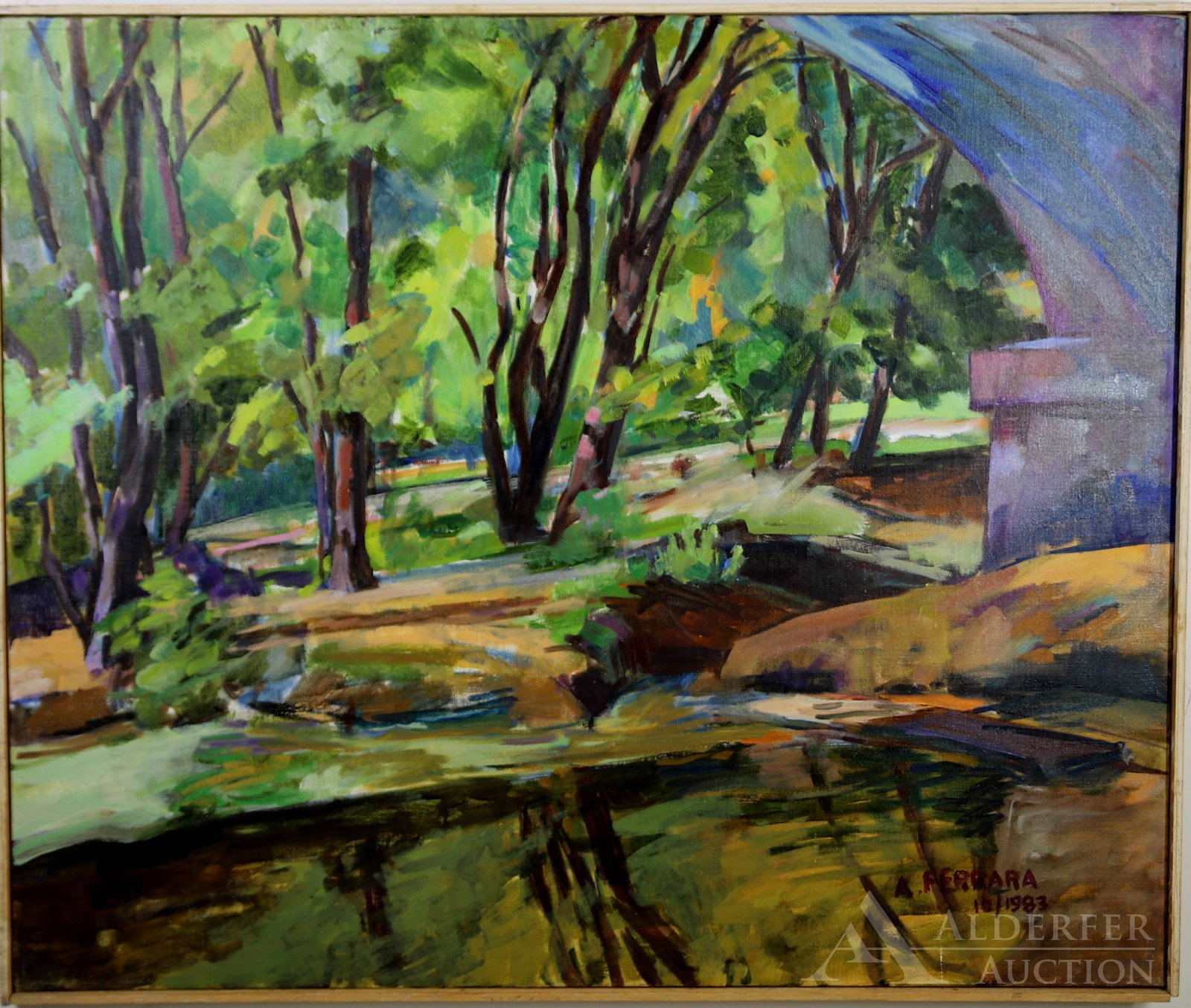 Anthony A. Ferrara: Oil on canvas, SDLR, 10/1983 and titled en verso "Penny Pack Creek". Natural landscape of a creek and lush foliage. 25.5"h x 30.5" framed