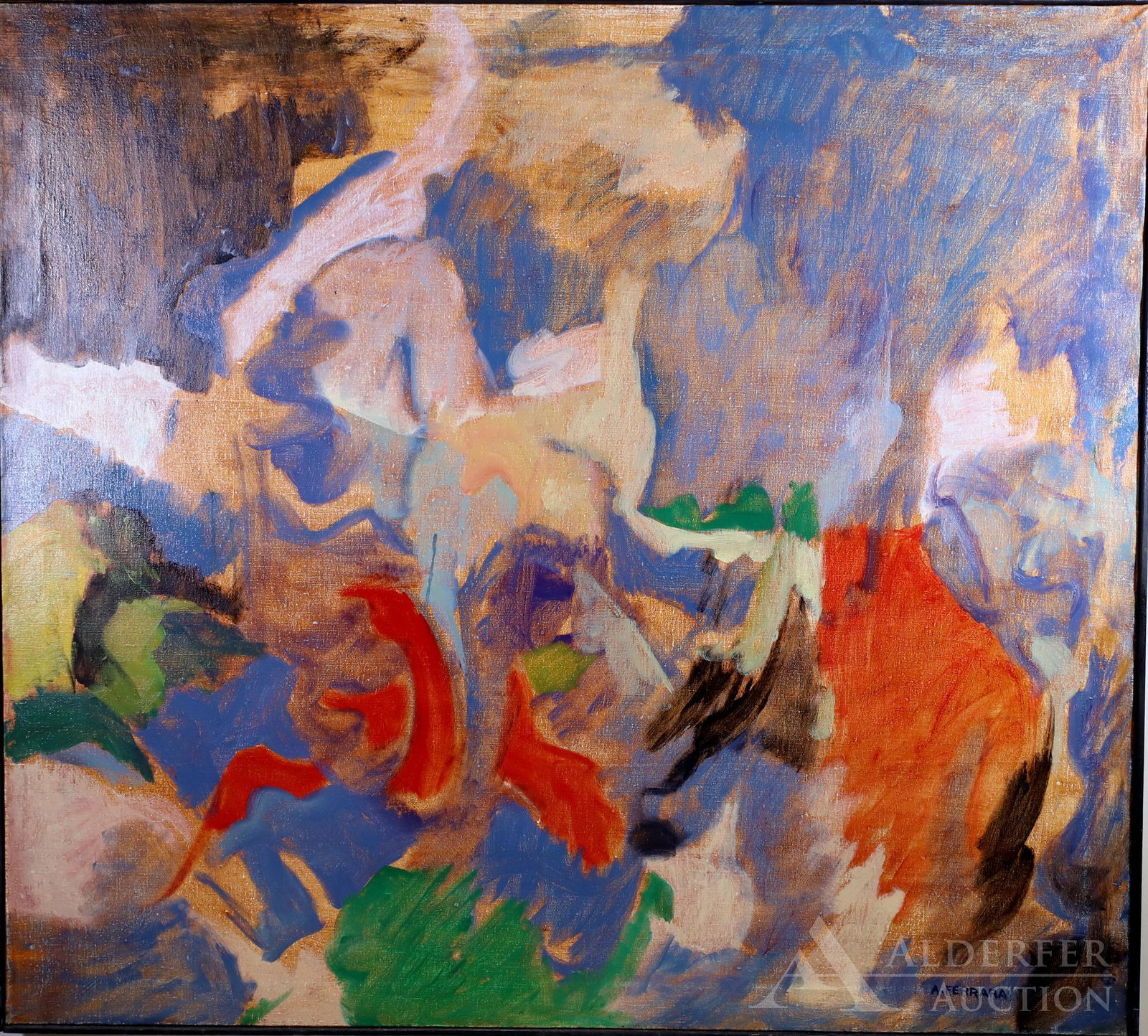 Anthony A. Ferrara: Oil on canvas, SLR, dated and titled en verso "At Rest", 1969. Colorful swirl abstract. 36.25"h x 40.5"w