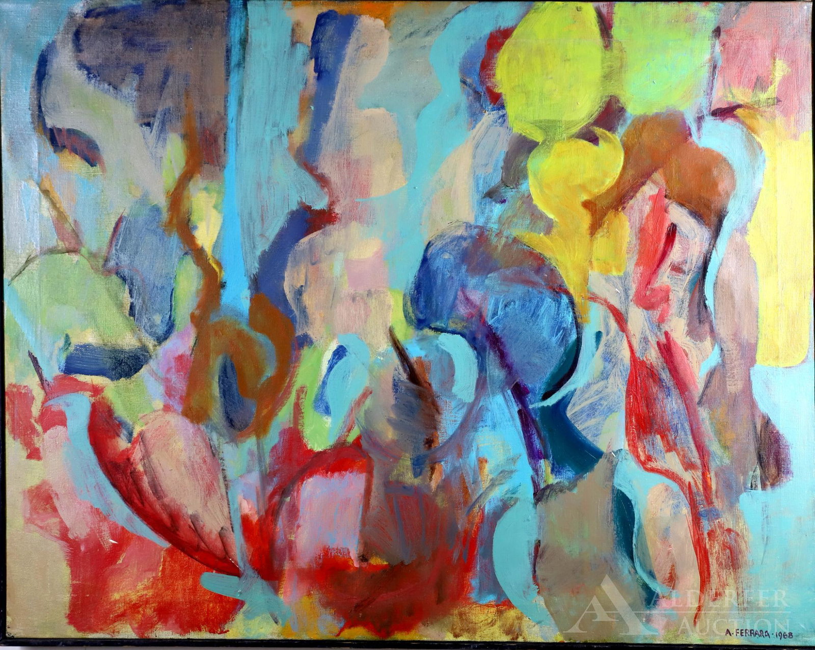 Anthony A. Ferrara: Oil on canvas, SDLR, 1968 and titled en veros "Tempo". Colorful abstract. 26.5"h x 33.5"w