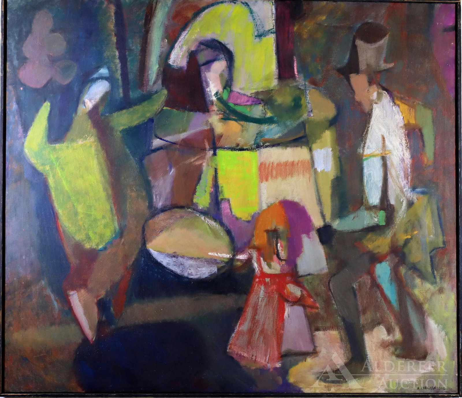 Anthony A. Ferrara: Oil on canvas, SDLR, 1962 and titled "Mummers' Parade". Street scene with figures in celebratory mood. 33"h x 37.5" framed