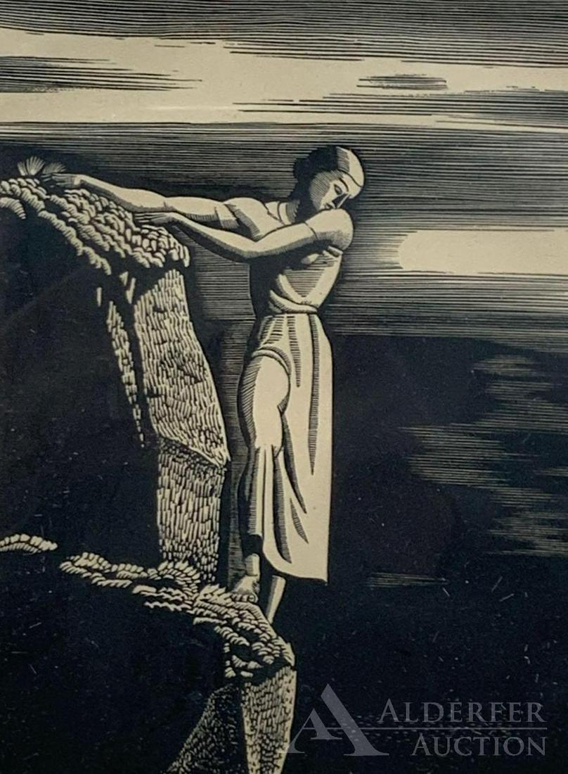 Rockwell Kent (1882-1971): Woodblock print, SLR. Woman standing on a cliff and looking down.7"h x 5"w sight and 15.5"h x 11.5"w framed