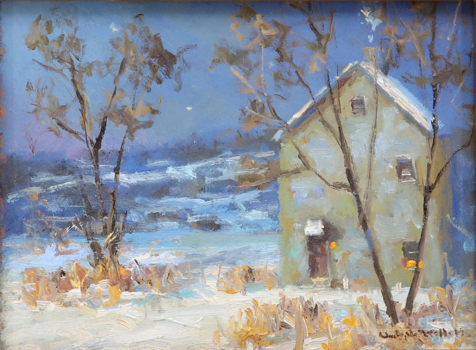 Christopher Willett (born 1959): Oil on board, "January: Bucks County New Hope, Pa", SLR and en verso. Winter evening landscape with a snow covered home. 6"h x 7.75"w and 8.25"h x 10.25"w framed