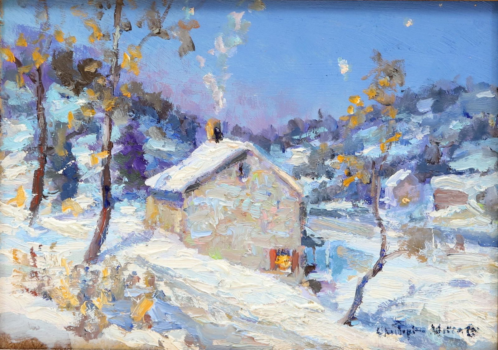 Christopher Willett (born 1959): Oil on board, "Upper Mt. Rd Bucks County", SLR and en verso. Winter evening landscape with snow covered homes scattered across the hill. 5"h x 7"w and 6.25"h x 8.25"w framed