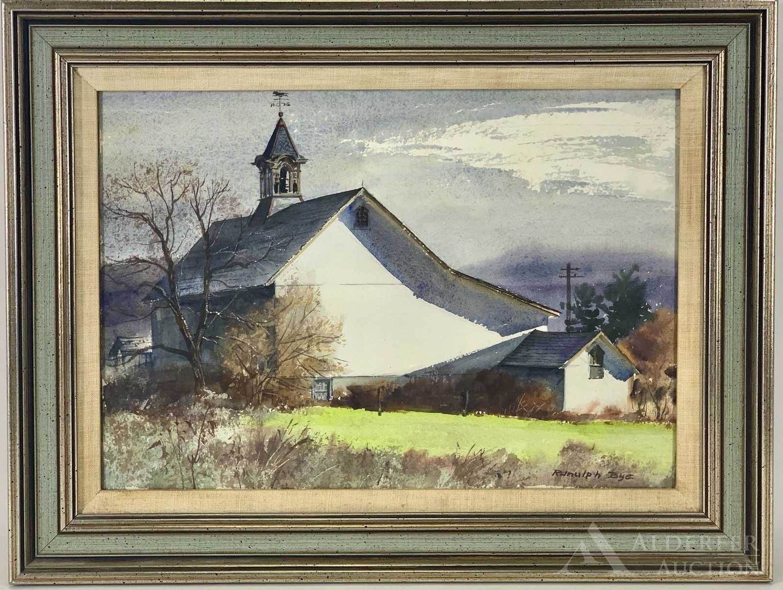 Ranulph Bye (1916 - 2003): Watercolor, "Coopersburg Cupola", SLR. Pastoral landscape with large barn and outbuilding.