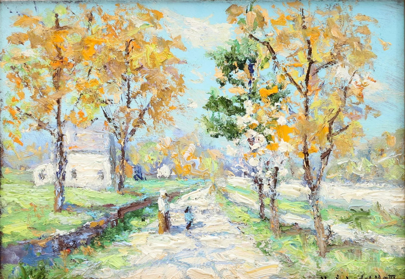 Christopher Willett (born 1959): Oil on board, "Morning Walk, Point Pleasant, Bucks County, Pa", SLR and en verso. Summer landscape with a couple strolling down a colorful tree lined path. 4.75"h x 6.75"w and 6.75"h x 8.75"w framed