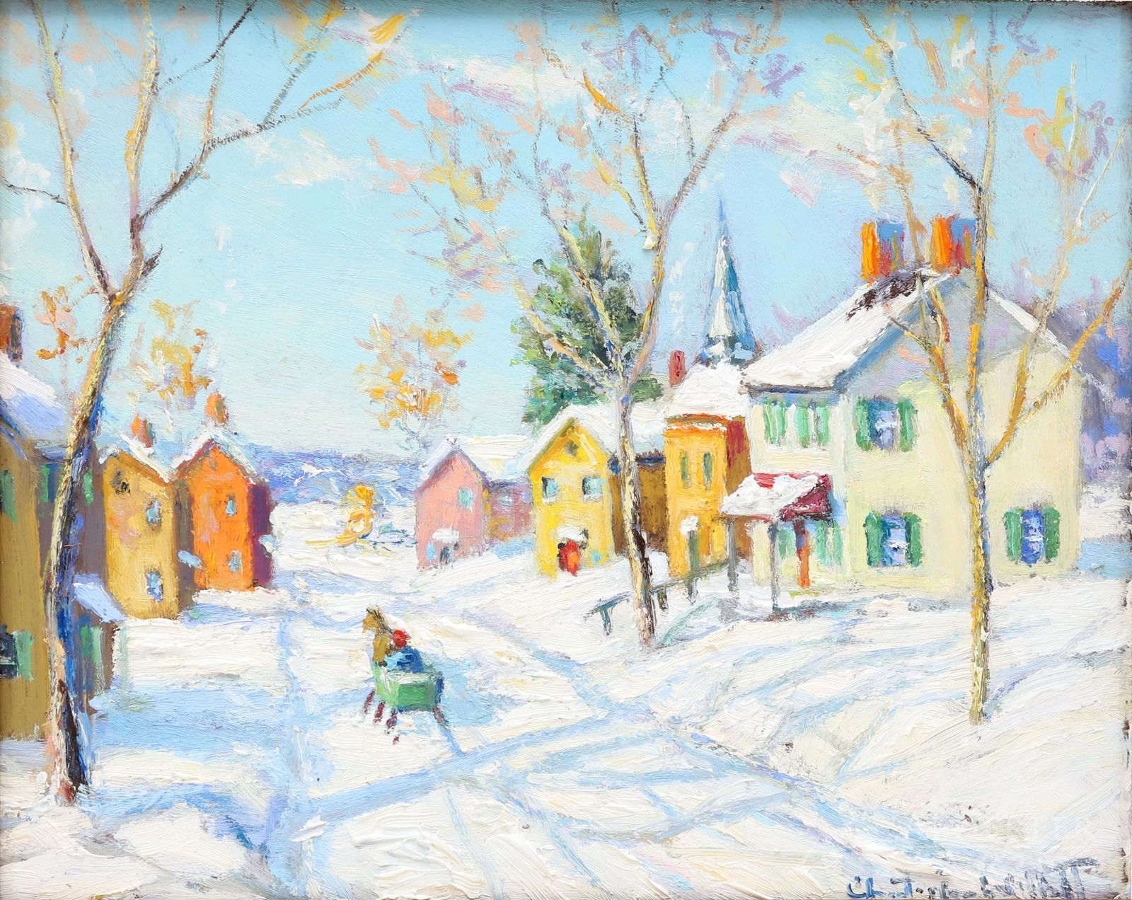 Christopher Willett (born 1959): Oil on board, "Rt. 611 above Revere, Bucks County, Antique Dealers Shoppes", SLR and en verso. Winter landscape looking down the path with a horse drawn sleigh. 8"h x 10"w and 9.5"h x 11.5"w framed.