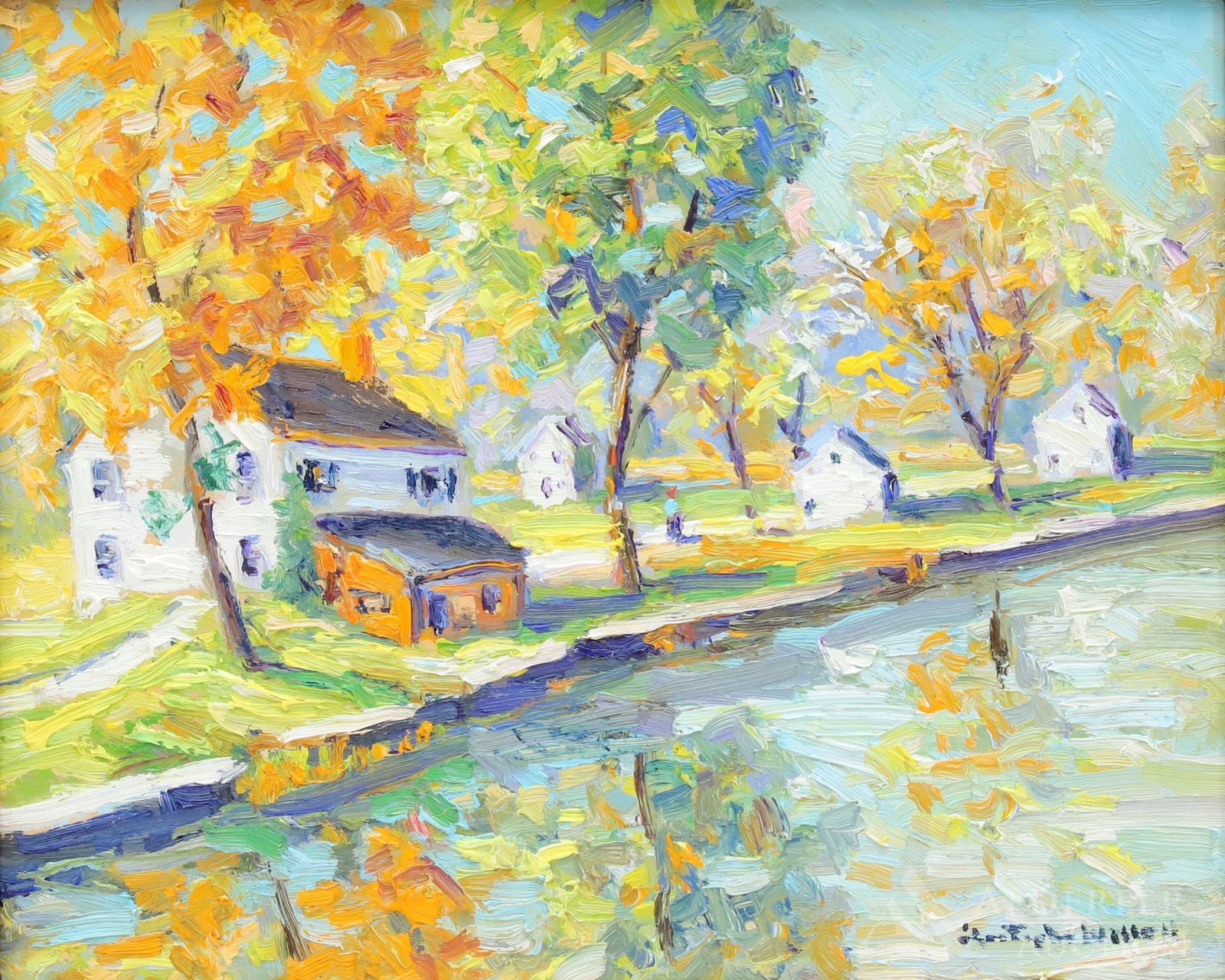 Christopher Willett (born 1959): Oil on board, "Upper Bucks County, Along the canal, Bucks County, Pa." Colorful fall landscape of homes and trees refelcting off of the canal. 8"h x 10"w and 10.75"h x 12.75"w framed