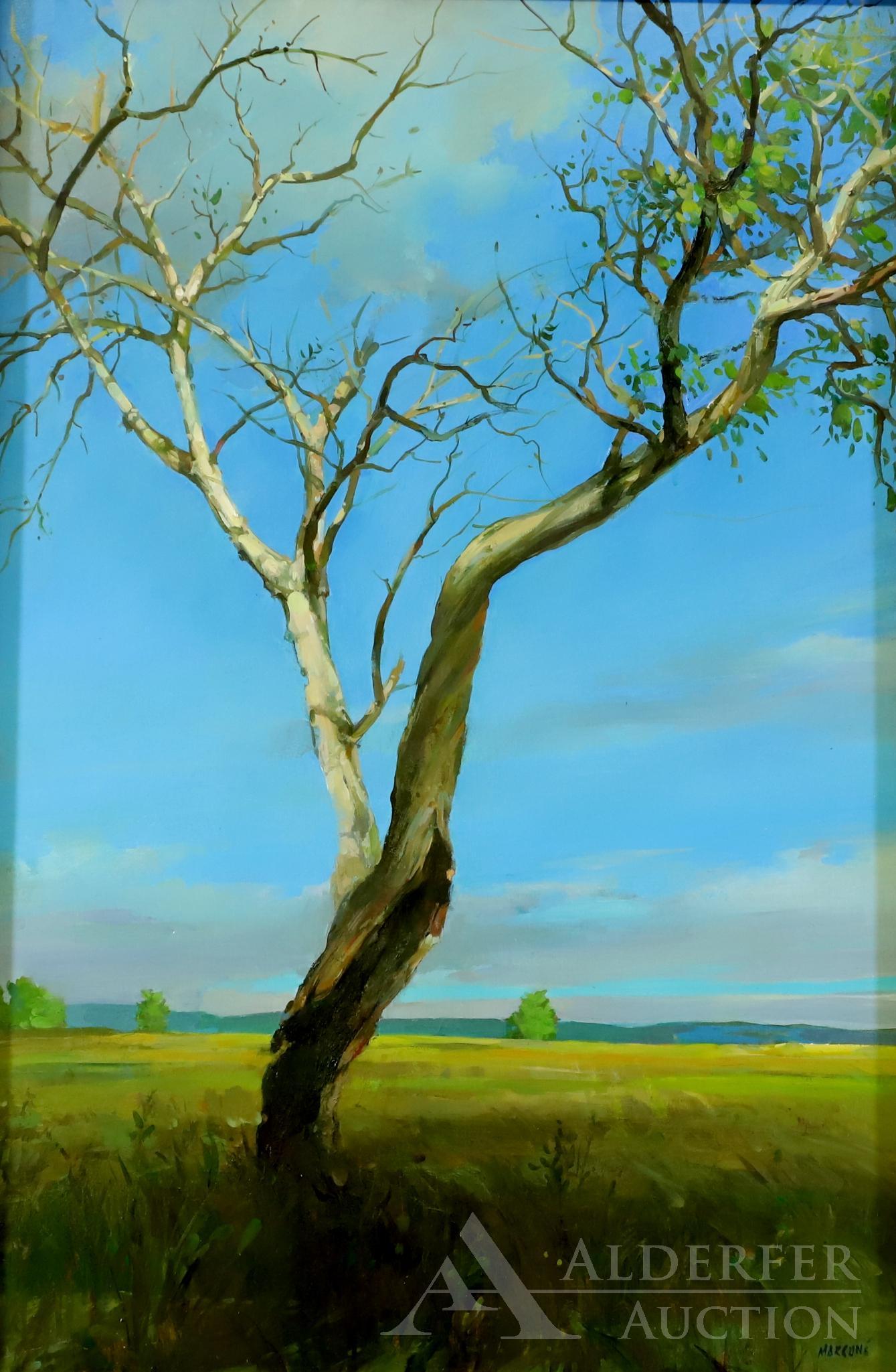 Ben Marcune (20th Century): Oil on panel, SLR. Single tree in meadow. 36"h x 24"w and 37"h x 25"w framed