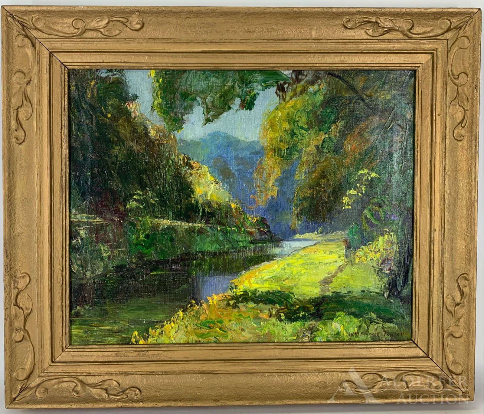 William Francis Taylor (1883-1970): Oil on canvas, SLR. Lush forest landscape of a canal and path with a mountain in the background. 16.25"h x 20"w and 22"h x 26"w framed