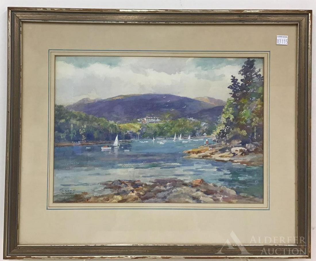 Clarence Scott White (1872-1965): Watercolor, SLL. Sailboats on water and mountain in the background. 10"h x 15"w sight and 17.5"h x 21.5"w framed
