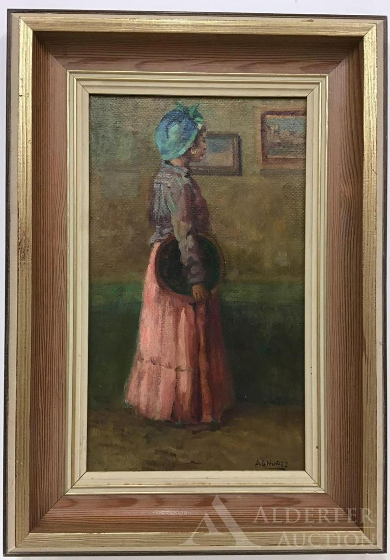 Armando Garcia Nunez (1883 - 1965: Oil on board, SLR. Interior scene of a woman holding a large tray or charger. 12.5"h x 7.5"w and 16.75"h x 11.75"w