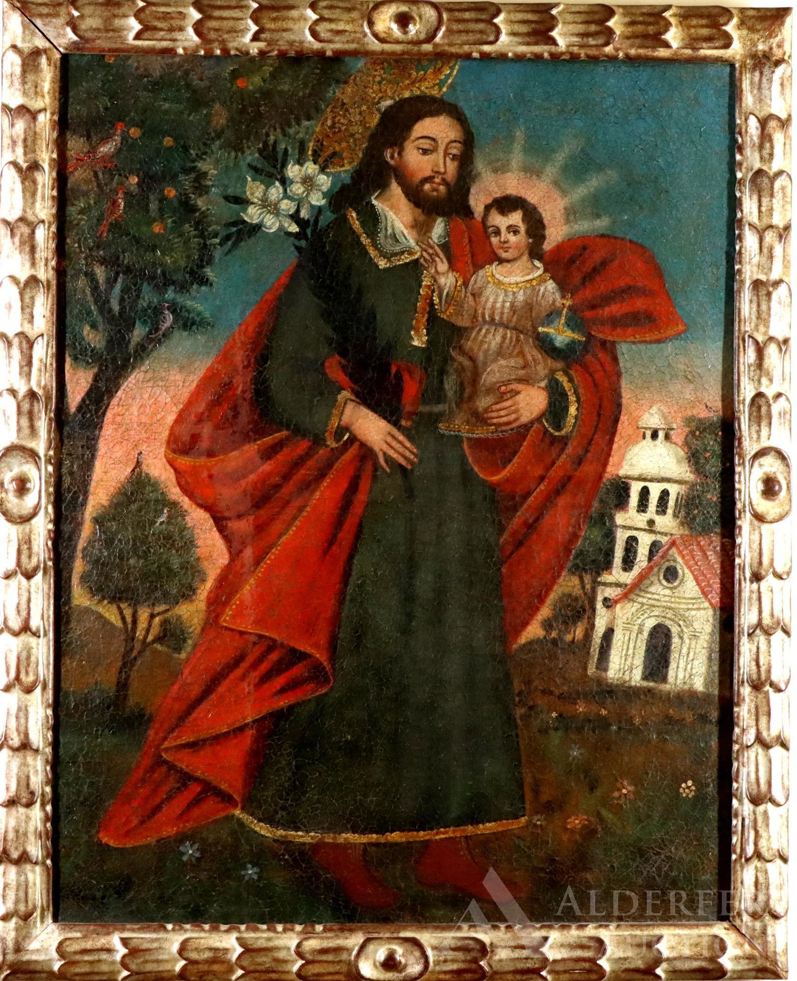 Oil on Canvas, unsigned: Oil on canvas, unsigned. Jesus and angel with church in the background, completed in classic Renaissance style. 28.5"h x 22.5"w and 31.75"h x 25.5"w framed