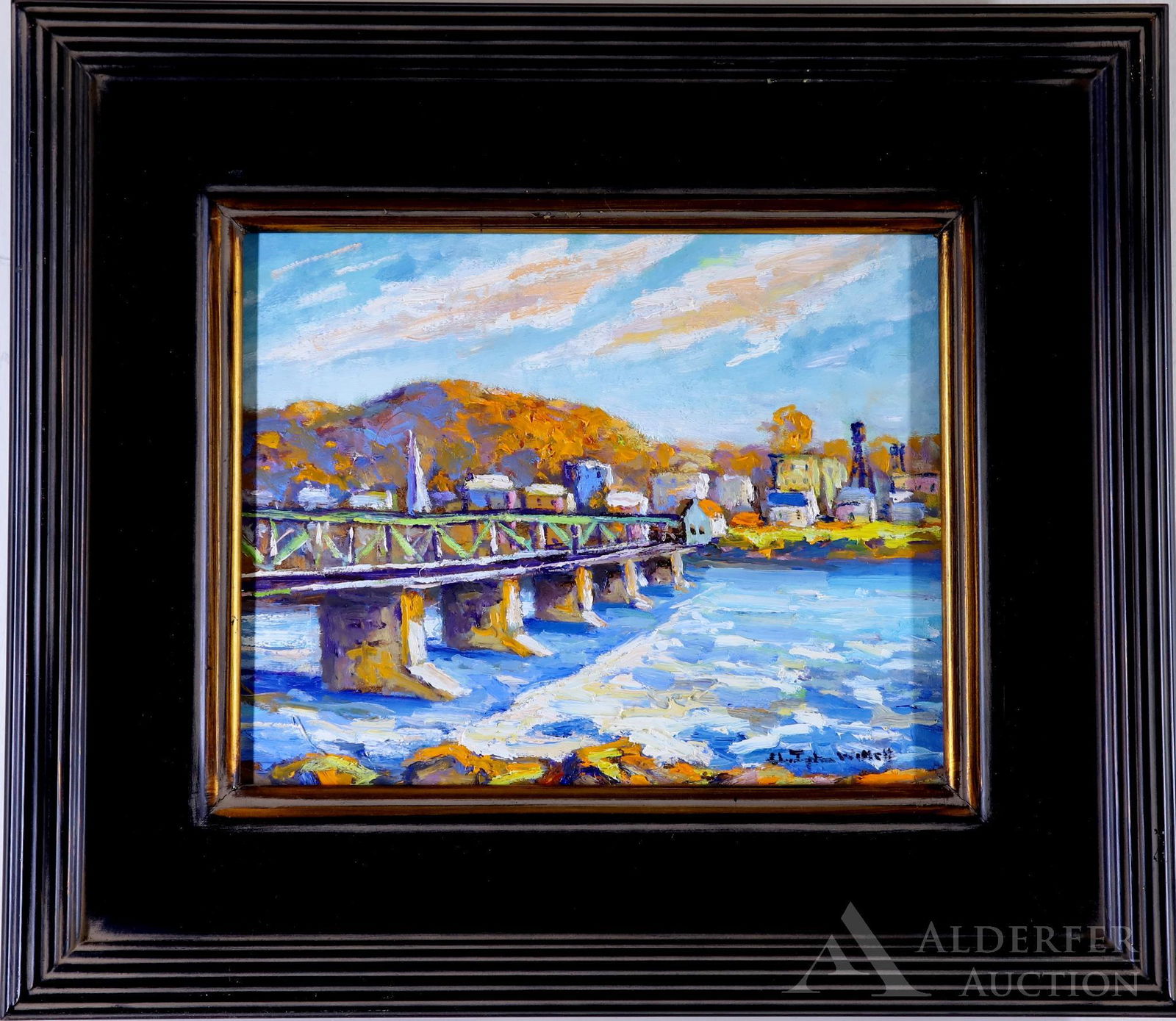 Christopher Willett (born 1959): Oil on board, "VBiew of New Hope, Bucks County, Pa", SLR and en verso. Autumnal view of teh bridge heading into New Hope. 8"h x 10"w and 13.5"h x 15.5"w