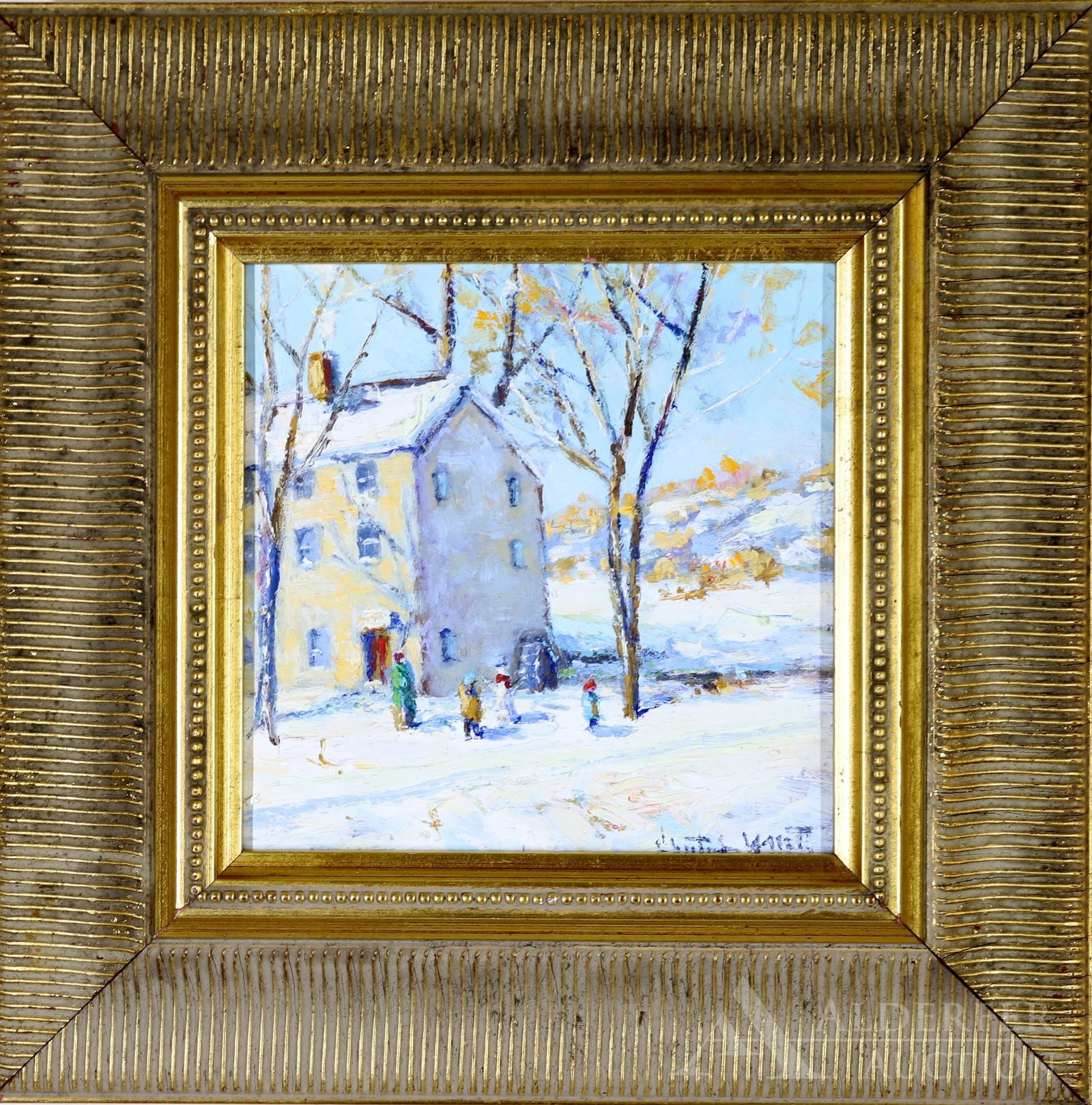 Christopher Willett (born 1959): Oil on board, "Weekend with Grandmom, Bucks County, Pa", SLR and en verso. Winter landscape with a Grandmother and her grandchildren playing in the snow. 6"h x 6"w and 10.5"h x 10.5"w framed