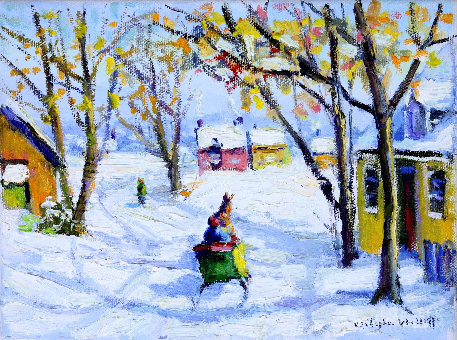 Christopher Willett (born 1959): Oil on canvas, "Carversville, Pa, Bucks County", SLR and en verso. Snowy winter scene with a horse drawn sleigh heading into town. Not framed. 6"h x 8"w