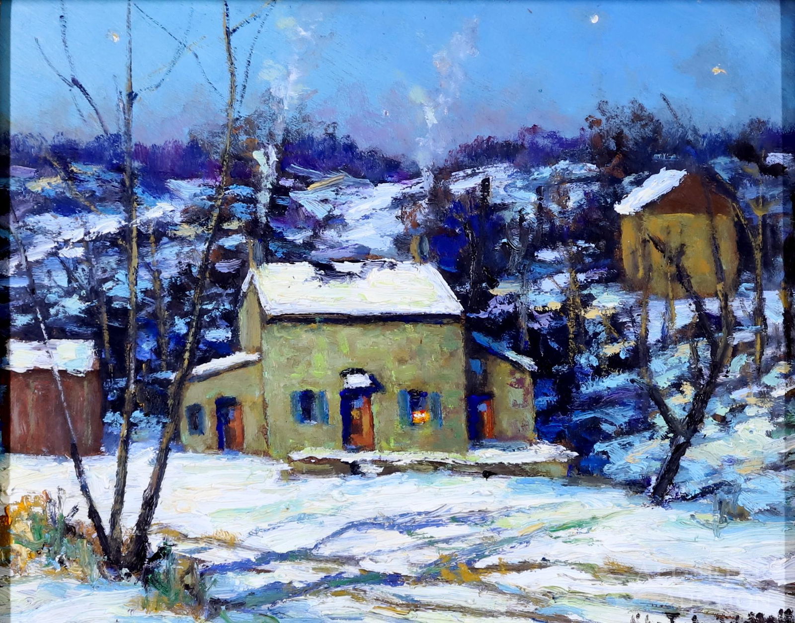 Christopher Willett (born 1959): Oil on board, "Hobbs House. Solebury, Bucks County, Pa", SLR and en verso. Winter landscape at dusk overlooking the home and outbuildings. 8"h x 10"w and 13.5"h x 15.5"w framed