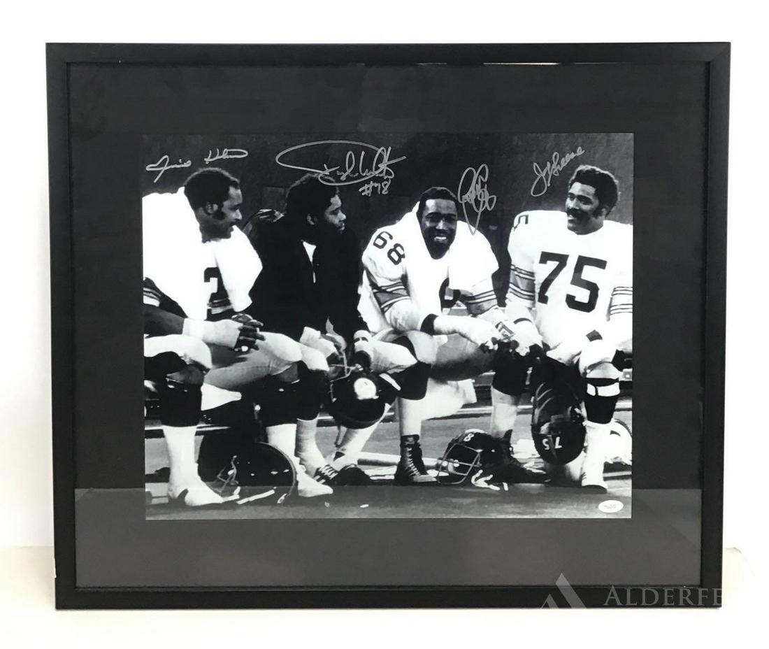 "Mean" Joe Greene, Ernie Holmes, Dwight White & LC: Pittsburgh Steelers "Steel Curtain" defense "Mean" Joe Green, Ernie Holmes, Dwight White & L.C. Greenwood autographed 20"X16" B&W Photo w/JSA and Dapper Dan Charities certificates of authenticity (cus