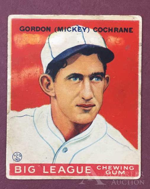 Hall of Fame Gordon (Mickey) Cochrane Baseball Card: 1933 Goudey #76 Gordon (Mickey) Cochrane Big League Chewing Gum Baseball Card (VG, writing on front that has been partialy removed