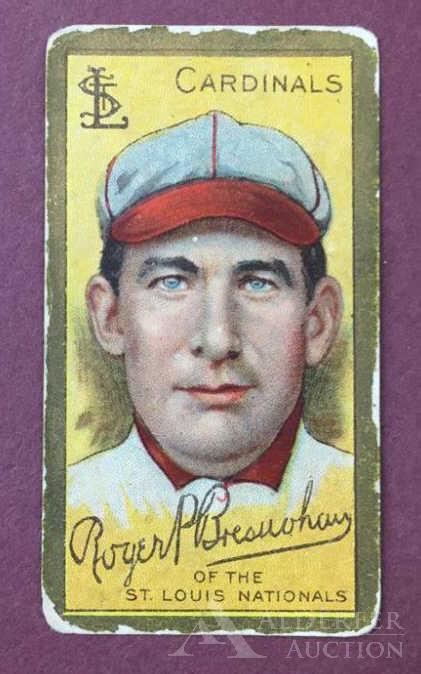 Hall of Fame Roger Bresnahan Baseball Tobacco Card: 1911 T205 Gold Border Piedmont Roger Bresnahan (mouth closed) Tobacco Card (VG+)