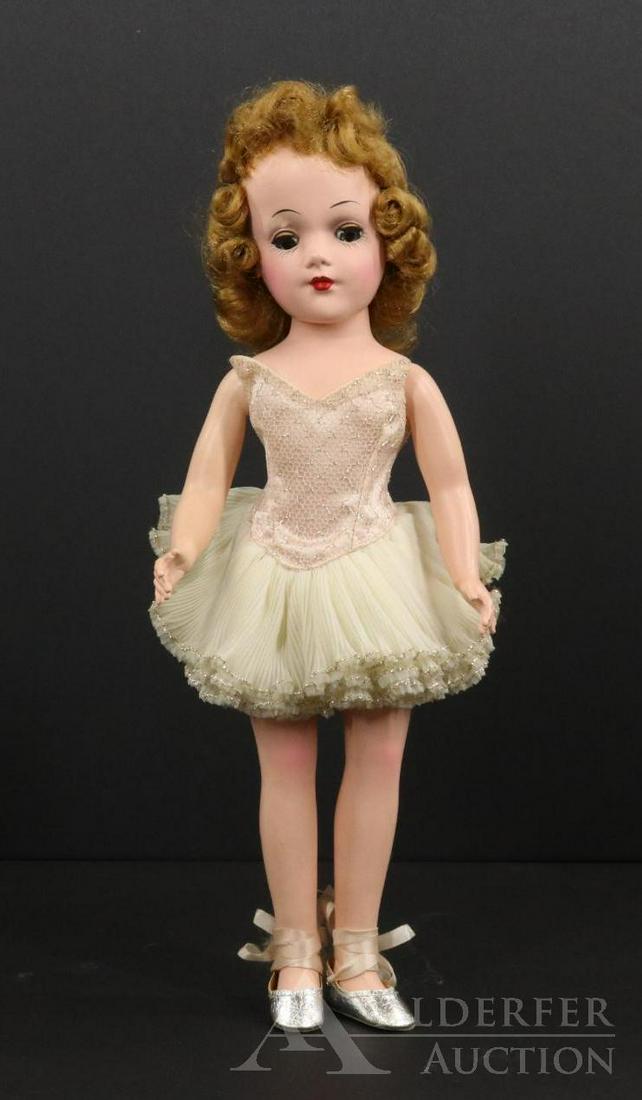 DOLLS OF THE 1950's-60's.: This is an original owner doll. MARY HOYER doll in OB. Blue eyes, beautiful coloring. Honey blonde wig is uncombed (but flat from being in box). Dressed in unmarked ballet dress, silver foil slippers.