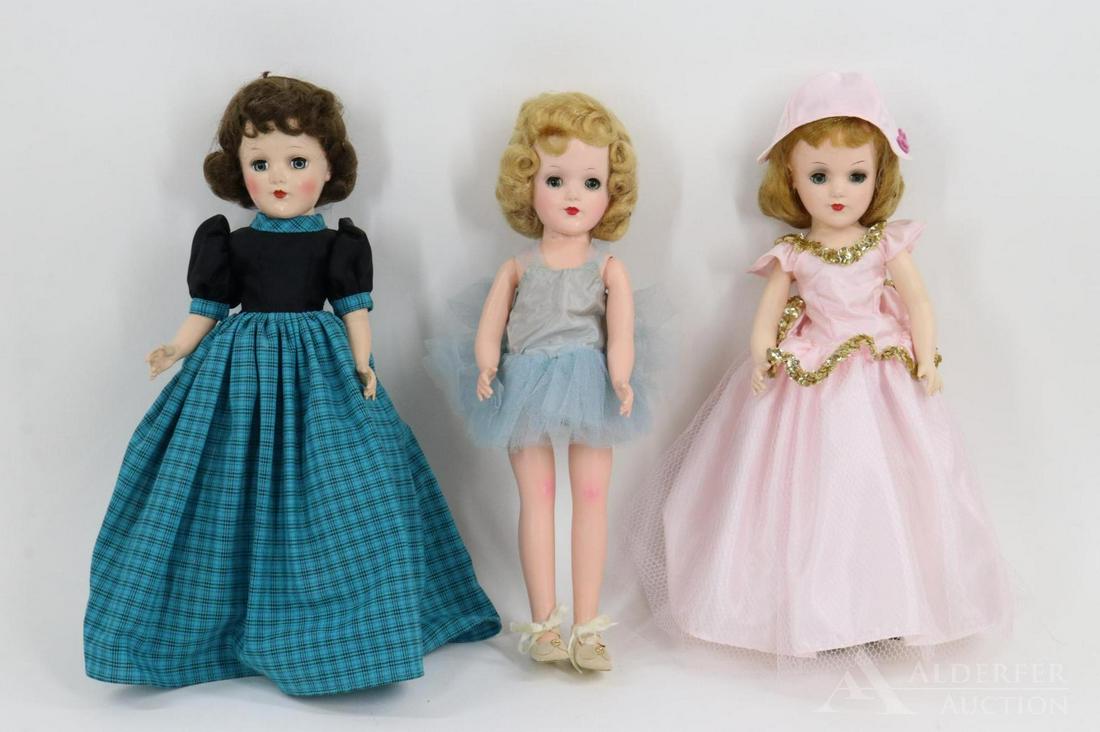 DOLLS OF THE 1950's-60's.: Lot of (3) 14" dolls. (2) Of the dolls are marked MARY HOYER. They all have blue eyes. Mary Hoyer - Doll 1) has honey blonde hair which has been restyled. Dressed in newer outfit made from the Hoyer p