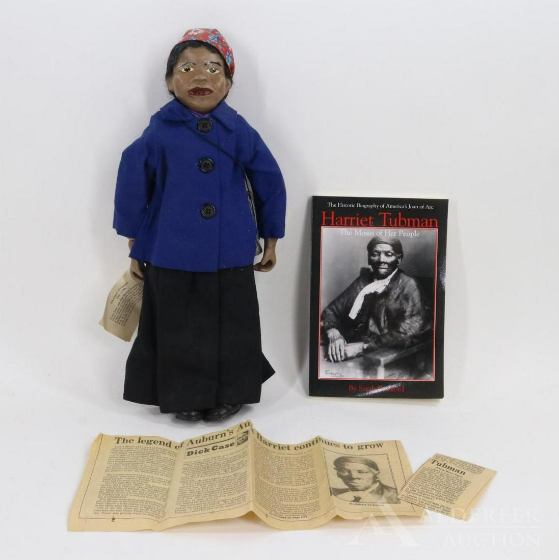 LOT OF BLACK DOLLS.: Black Artist doll. 16" "Harriet Tubman" doll (1826-1913) by Bertabel's Dolls. Copyright 1969. Ceramic shoulder head and hands, cloth body. Mohair wig. Doll comes with book "Harriet Tubman The Moses of