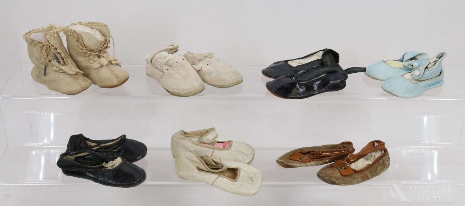 LOT OF ANTIQUE ACCESSORIES.: Lot of (7) pairs of baby/children's shoes. Cloth, patent leather, leather. Condition: age loss, discoloration. This lot is being sold AS IS.