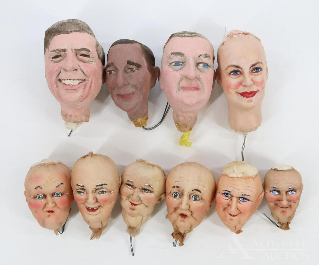 LOT OF RAVCA/OTHER HEADS: Lot of (6) painted stockinette heads tagged Made in France. Lot of (3) painted papier mache character heads. (1) Heavily painted stockinette head with no needle sculpting. Heads measure from 3" - 5" T