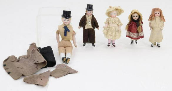 LOT OF MINIATURES/DOLLS.: Lot of (5) dollhouse size dolls. (4) All bisques. All of these dolls are dressed. 4" Male has a molded top hat. painted features, hair, boots. (3) Female dolls with painted shoes/bootines. 3 1/2" Doll