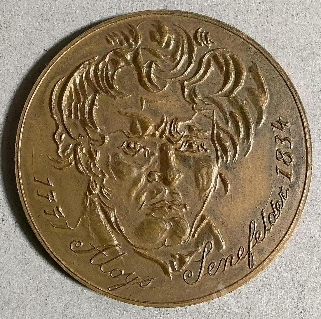 MEDAL: Aloys Senefelder, 1771-1834, invented the technique of lithography in 1796, Paris, 1976, bronze, about 2 3/4 inches across