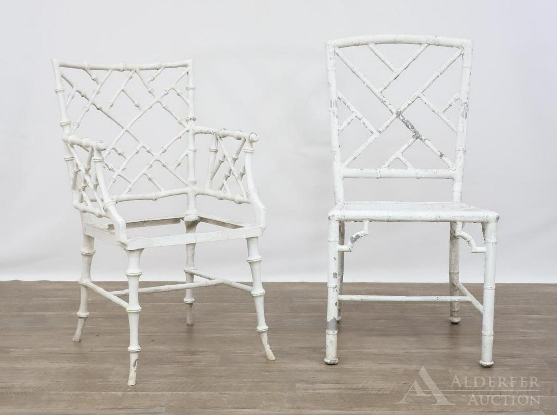 Phyllis Morris Complementing Chairs: Pair of painted aluminum lattice arm chair and side chair. Largest measures 36"h x 18"w x 19"d
