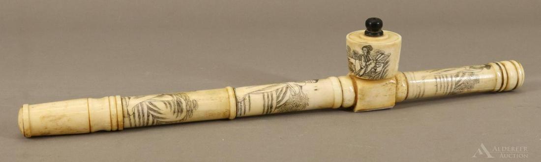 Bone Opium Pipe: Carved bone pipe with etched figures. Some cracks. 15”