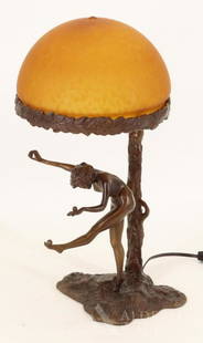 Erich Schmidt-Kestner (German 1877-1941) Art Deco Lamp: Cast bronze figural table lamp after Claire Colinet's "Juggler", with mottled amber glass dome shade, signed S. Kestner. 16"h x 8"w x 8"d