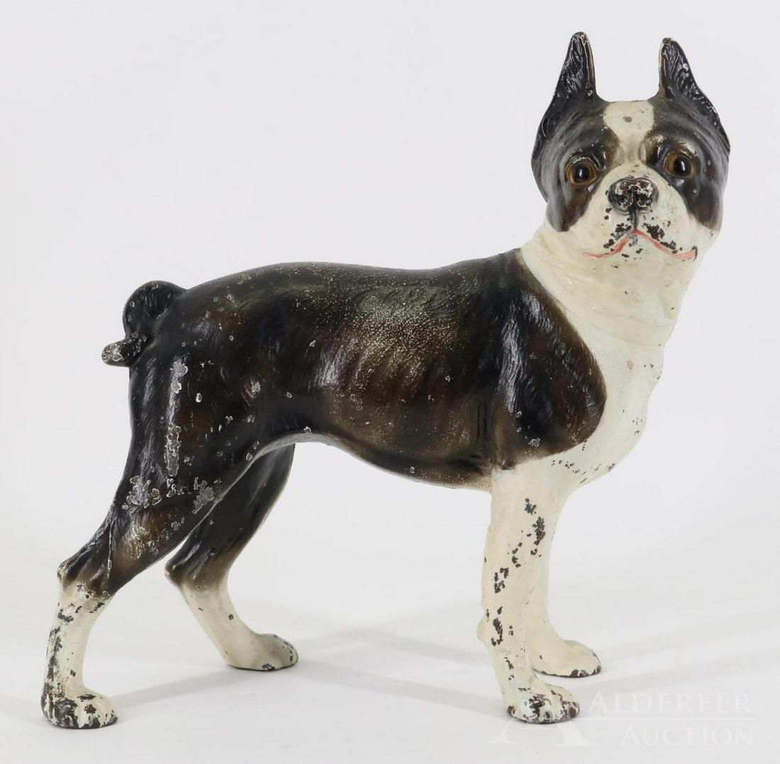 Hubley Cast Iron Boston Terrier: Painted cast iron Boston Terrier, with Hubley paper label. Scattered paint loss. 10.5”h x 4”w x 10”d