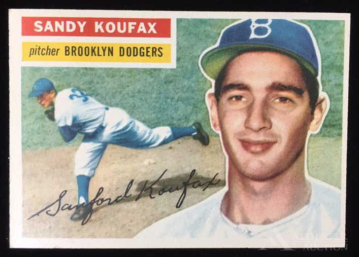 1956 Topps Sandy Koufax baseball card: Brooklyn Dodgers Hall of Fame pitcher Sandy Koufax 1956 Topps #150 baseball card (sharp corners, wax pack fresh, investment quality)