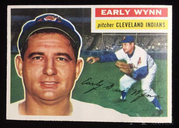 1956 Topps Early Wynn baseball card: Cleveland Indians Hall of Fame pitcher Early Wynn 1956 Topps #187 grey back baseball card (sharp corners, wax pack fresh, investment quality)