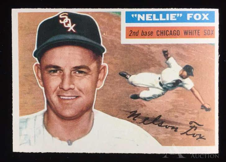 1956 Topps Nellie Fox baseball card: Chicago White Sox Hall of Fame second baseman Nellie Fox 1956 Topps #118 grey back baseball card (sharp corners, wax pack fresh, investment quality)