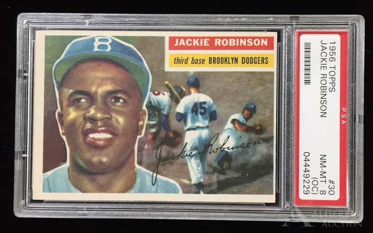 1956 Topps Jackie Robinson baseball card: Brooklyn Dodgers Hall of Fame third baseman Jackie Robinson 1956 Topps #30 baseball card (PSA Graded NM-MT 8)