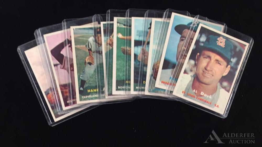1957 Topps Baseball Cards (10): Different 1957 Topps baseball cards (10) - #63 Ike Delock, #67 Chico Carrasquel, #68 Ray Crone, #96 Hank Aguirre, #98 Al Dark, #102 Ray Boone, #131 Milt Bolling, #133 Del Crandall, #155 Jim Brosnan &