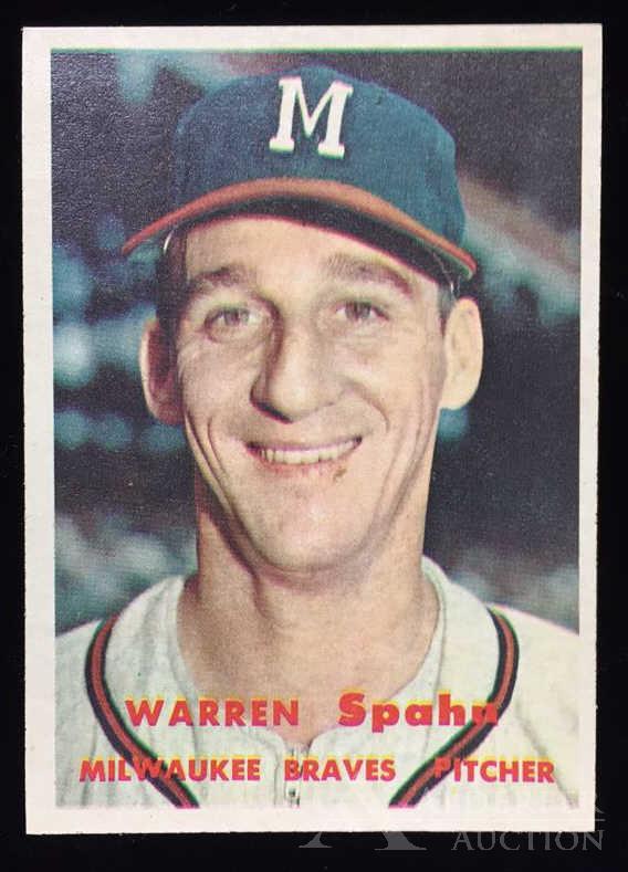 1957 Topps Warren Spahn baseball card: Milwaulkee Braves Hall of Fame pitcher Warren Spahn 1957 Topps #90 baseball card (nice corners, nice centering, wax pack fresh, investment grade)