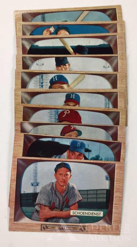 1955 Bowman Baseball Cards (10): Different 1955 Bowman baseball cards (10) - #29 Red Schoendienst (Hall of Fame), #39 Bob Darnell, #41 Mel Clark, #42 Bob Greenwood, #43 Bob Buhl, #44 Danny O'Connell, #45 Tom Umphlett, #46 Mickey Ver